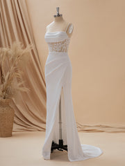 Sheath Charmeuse Spaghetti Straps Appliques Lace Sweep Train Corset Wedding Dress