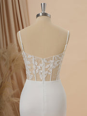 Sheath Charmeuse Spaghetti Straps Appliques Lace Sweep Train Corset Wedding Dress