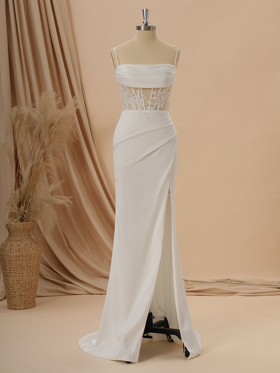 Sheath Charmeuse Spaghetti Straps Appliques Lace Sweep Train Corset Wedding Dress
