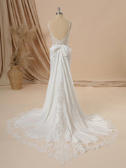 Sheath Charmeuse Spaghetti Straps Pleated Court Train Corset Wedding Dress