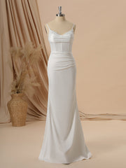 Sheath Charmeuse Spaghetti Straps Pleated Court Train Corset Wedding Dress