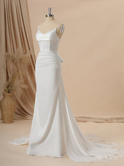 Sheath Charmeuse Spaghetti Straps Pleated Court Train Corset Wedding Dress