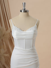 Sheath Charmeuse Spaghetti Straps Pleated Court Train Corset Wedding Dress
