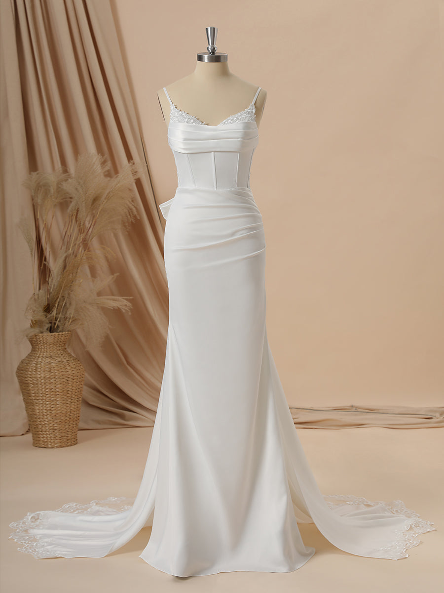 Sheath Charmeuse Spaghetti Straps Pleated Court Train Corset Wedding Dress