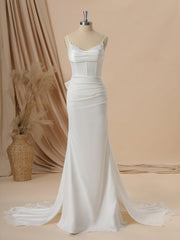 Sheath Charmeuse Spaghetti Straps Pleated Court Train Corset Wedding Dress