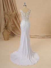 Sheath Charmeuse V-neck Appliques Lace Sweep Train Wedding Dress