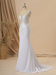 Sheath Charmeuse V-neck Appliques Lace Sweep Train Wedding Dress