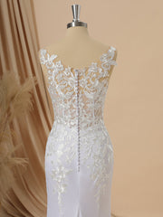 Sheath Charmeuse V-neck Appliques Lace Sweep Train Wedding Dress