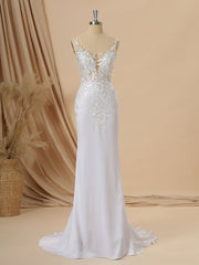 Sheath Charmeuse V-neck Appliques Lace Sweep Train Wedding Dress