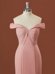 Schede chiffon off-the-shoulder geplooide vloerlengte bruidsmeisje jurk