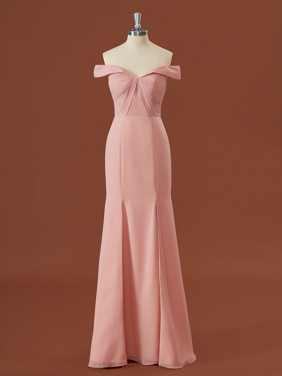 Schede chiffon off-the-shoulder geplooide vloerlengte bruidsmeisje jurk