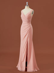 Sheath Chiffon V-hals geplooide vloerlengte bruidsmeisje jurk
