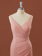 Sheath Chiffon V-hals geplooide vloerlengte bruidsmeisje jurk