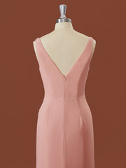 Sheath Chiffon V-hals geplooide vloerlengte bruidsmeisje jurk