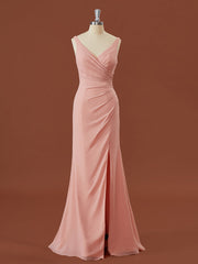 Sheath Chiffon V-hals geplooide vloerlengte bruidsmeisje jurk