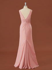 Sheath Chiffon V-hals geplooide vloerlengte bruidsmeisje jurk