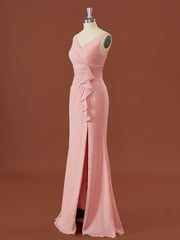 Sheath Chiffon V-hals geplooide vloerlengte bruidsmeisje jurk