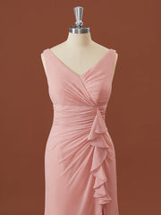 Sheath Chiffon V-hals geplooide vloerlengte bruidsmeisje jurk
