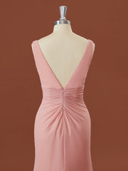 Sheath Chiffon V-hals geplooide vloerlengte bruidsmeisje jurk