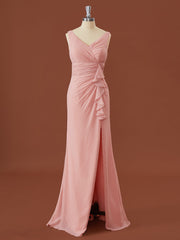 Sheath Chiffon V-hals geplooide vloerlengte bruidsmeisje jurk