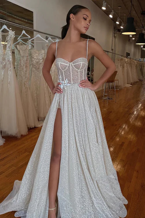 Aimishang Spaghetti Straps Lace Appliques Sparkly A-Line Wedding Dress