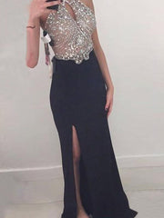 Sheath Jersey Halter Sleeveless Floor-Length With Beading Dresses