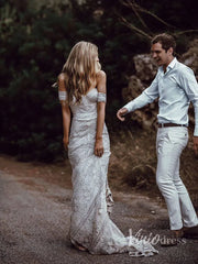 Sheath Lace Boho Wedding Dresses with Removable Sleeves VW1092