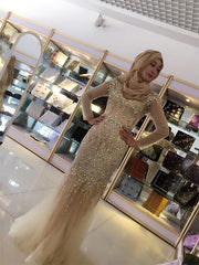 Sheath Long Sleeves Scoop Floor-Length Sequin Tulle Muslim Dresses