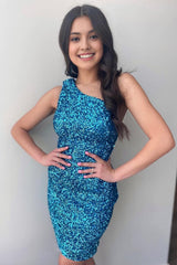 Sheath One Shoulder Royal Blue Sequins Short Homecoming Dress