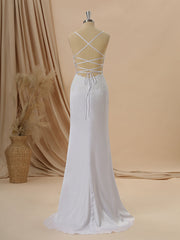 Sheath Satin Chiffon V-neck Appliques Lace Sweep Train Wedding Dress
