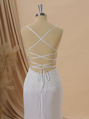 Sheath Satin Chiffon V-neck Appliques Lace Sweep Train Wedding Dress