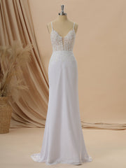Sheath Satin Chiffon V-neck Appliques Lace Sweep Train Wedding Dress