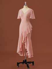 SHEEDE Korte mouwen Chiffon V-Neck Ruffles Asymmetrische bruidsmeisje jurk