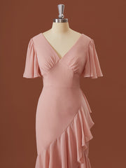 SHEEDE Korte mouwen Chiffon V-Neck Ruffles Asymmetrische bruidsmeisje jurk
