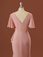 SHEEDE Korte mouwen Chiffon V-Neck Ruffles Asymmetrische bruidsmeisje jurk