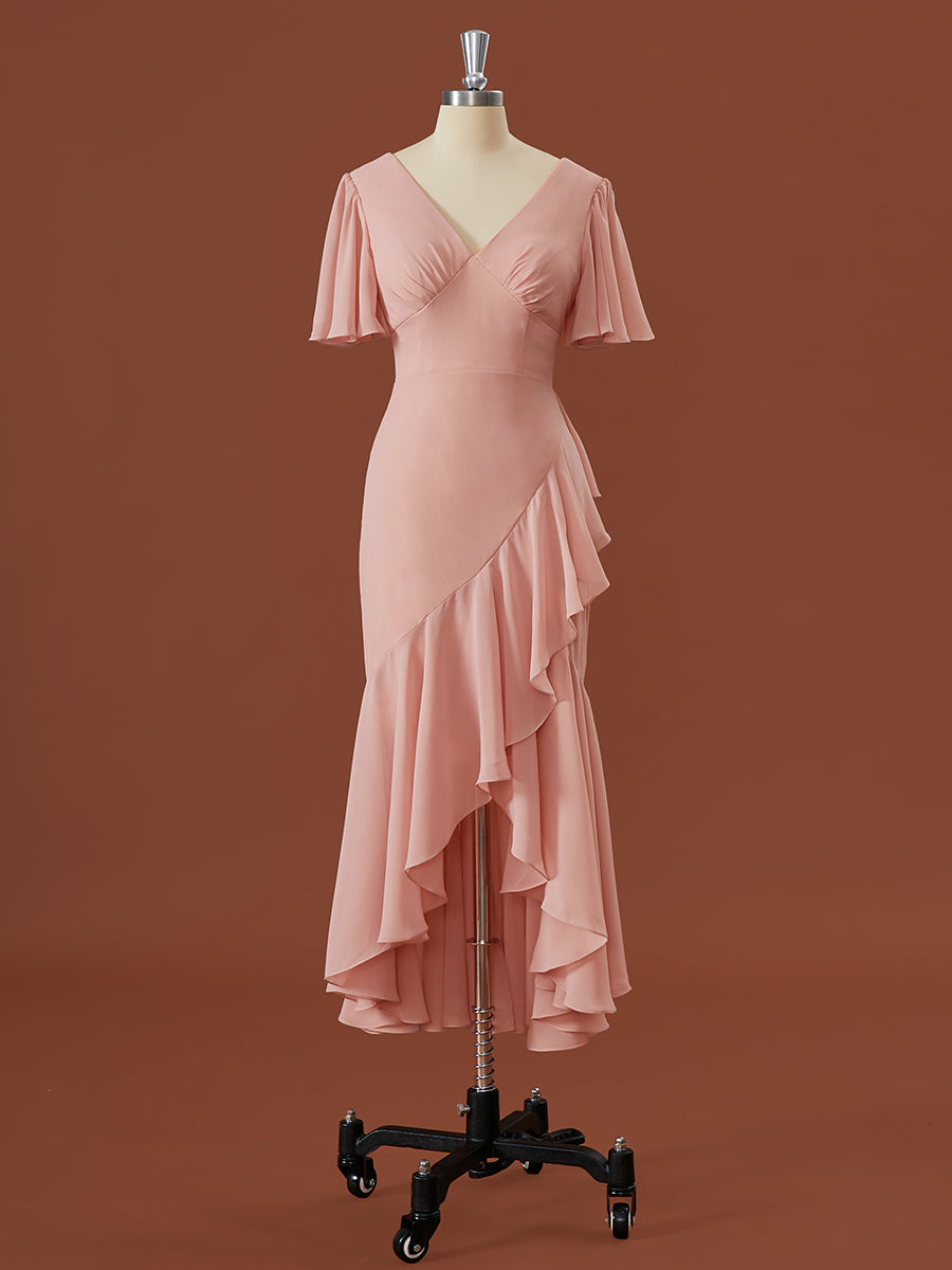 SHEEDE Korte mouwen Chiffon V-Neck Ruffles Asymmetrische bruidsmeisje jurk