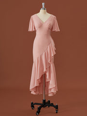 SHEEDE Korte mouwen Chiffon V-Neck Ruffles Asymmetrische bruidsmeisje jurk