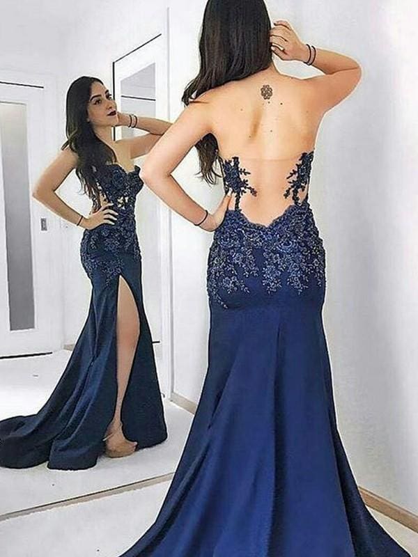 Sheath Sleeveless Sweetheart Sweep/Brush Train Lace Satin Dresses