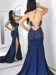 Sheath Sleeveless Sweetheart Sweep/Brush Train Lace Satin Dresses
