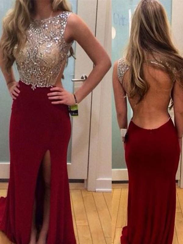 Sheath Spandex Scoop Sleeveless Sweep/Brush Train With Beading Dresses