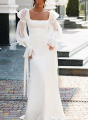Mermaid Square Neckline Long Sleeves Satin Wedding Dresses White Elegant