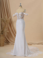 Sheath Stretch Crepe Off-the-Shoulder Appliques Lace Cathedral Train Corset Wedding Dress