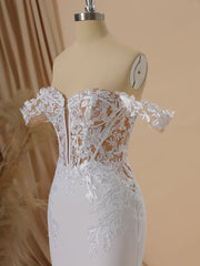 Sheath Stretch Crepe Off-the-Shoulder Appliques Lace Cathedral Train Corset Wedding Dress