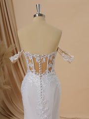 Sheath Stretch Crepe Off-the-Shoulder Appliques Lace Cathedral Train Corset Wedding Dress