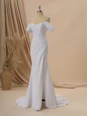 Sheath Stretch Crepe Off-the-Shoulder Pleated Chapel Train Corset Wedding Dress