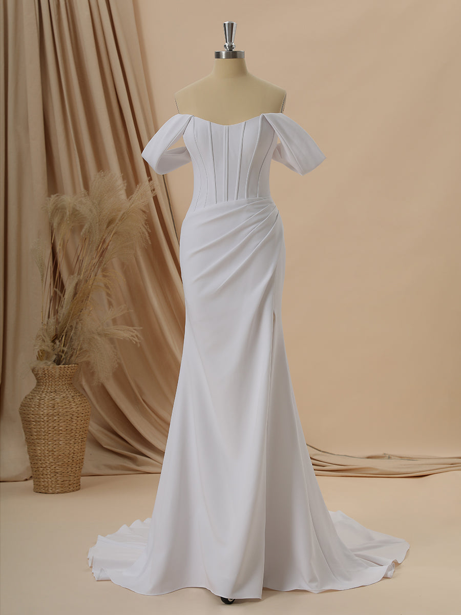 Sheath Stretch Crepe Off-the-Shoulder Pleated Chapel Train Corset Wedding Dress