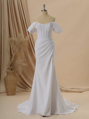 Sheath Stretch Crepe Off-the-Shoulder Pleated Chapel Train Corset Wedding Dress