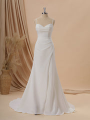 Sheath Stretch Crepe Spaghetti Straps Pleated Court Train Wedding Dress