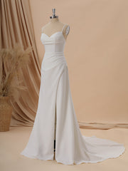 Sheath Stretch Crepe Spaghetti Straps Pleated Court Train Wedding Dress