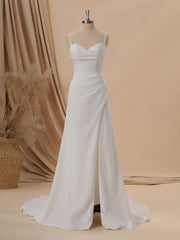 Sheath Stretch Crepe Spaghetti Straps Pleated Court Train Wedding Dress